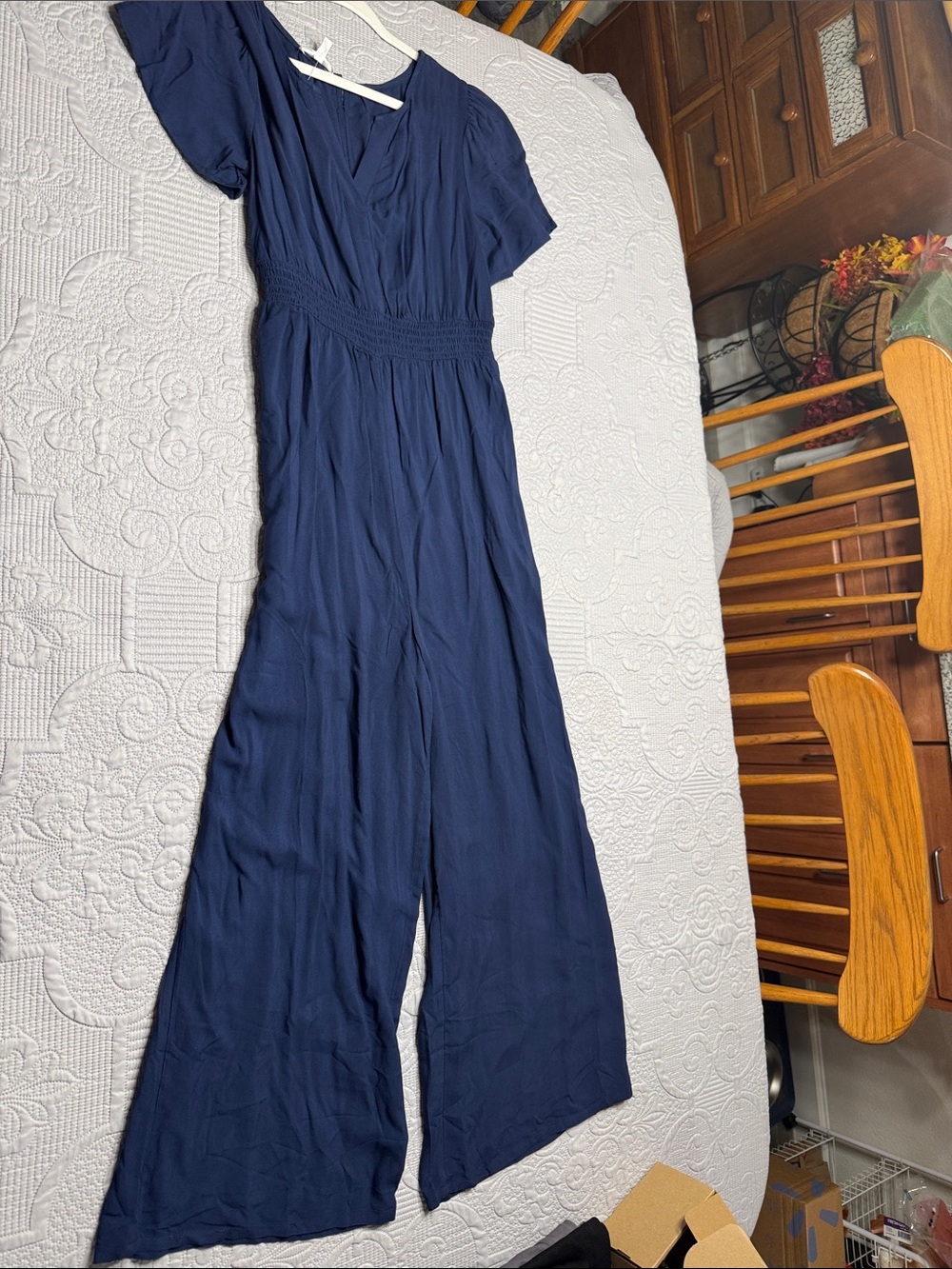 Maurices Navy V‑Neck Wide‑Leg Jumpsuit with Smocked Waist